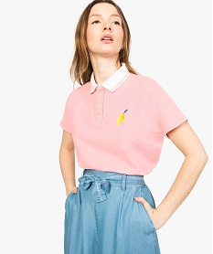 GEMO Polo femme en coton piqué avec col rayé et broderie poitrine Rose